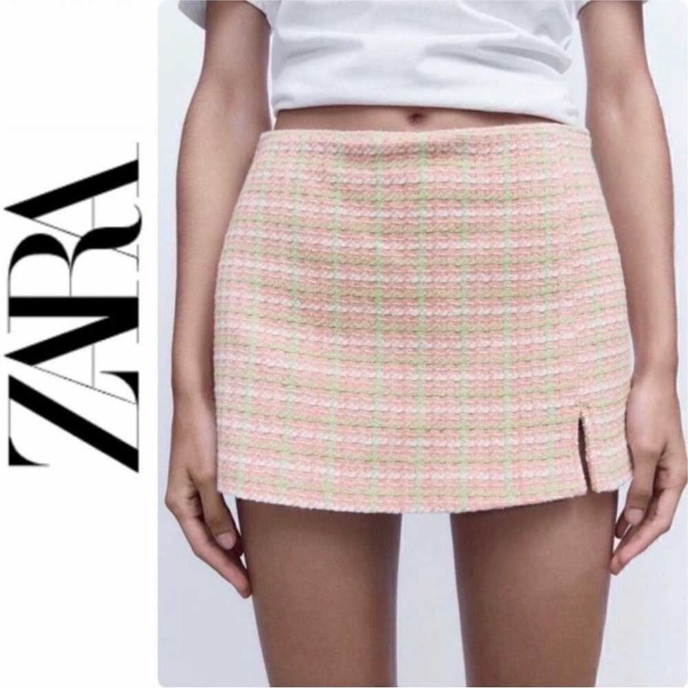 Zara Tweed Textured High Waist Pink Green Skort, NWOT, Size S
